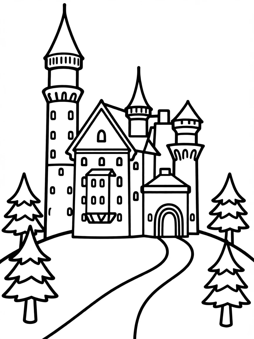A drawing of a simplified Bavarian castle (Neuschwanstein-like) for coloring.