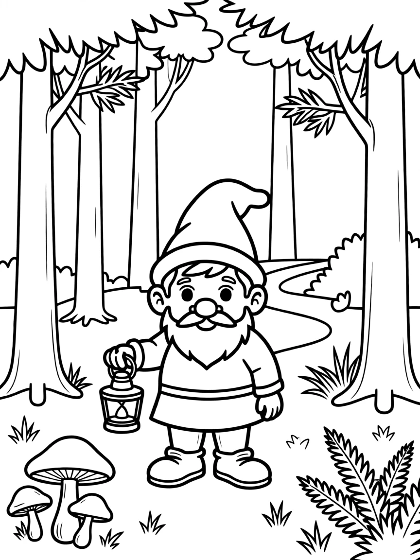 A cartoon-style drawing of a friendly gnome in a German forest for coloring.