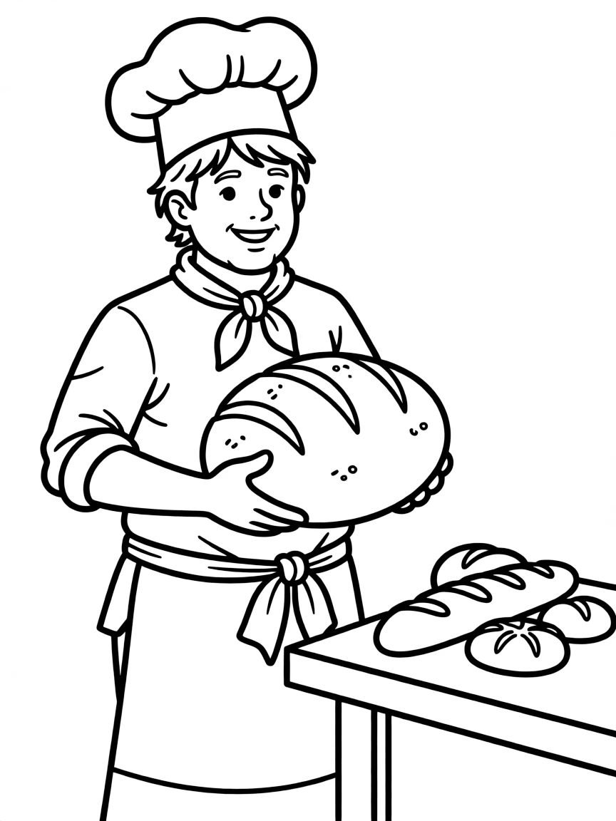 A cute drawing of a cheerful German baker with bread for coloring.