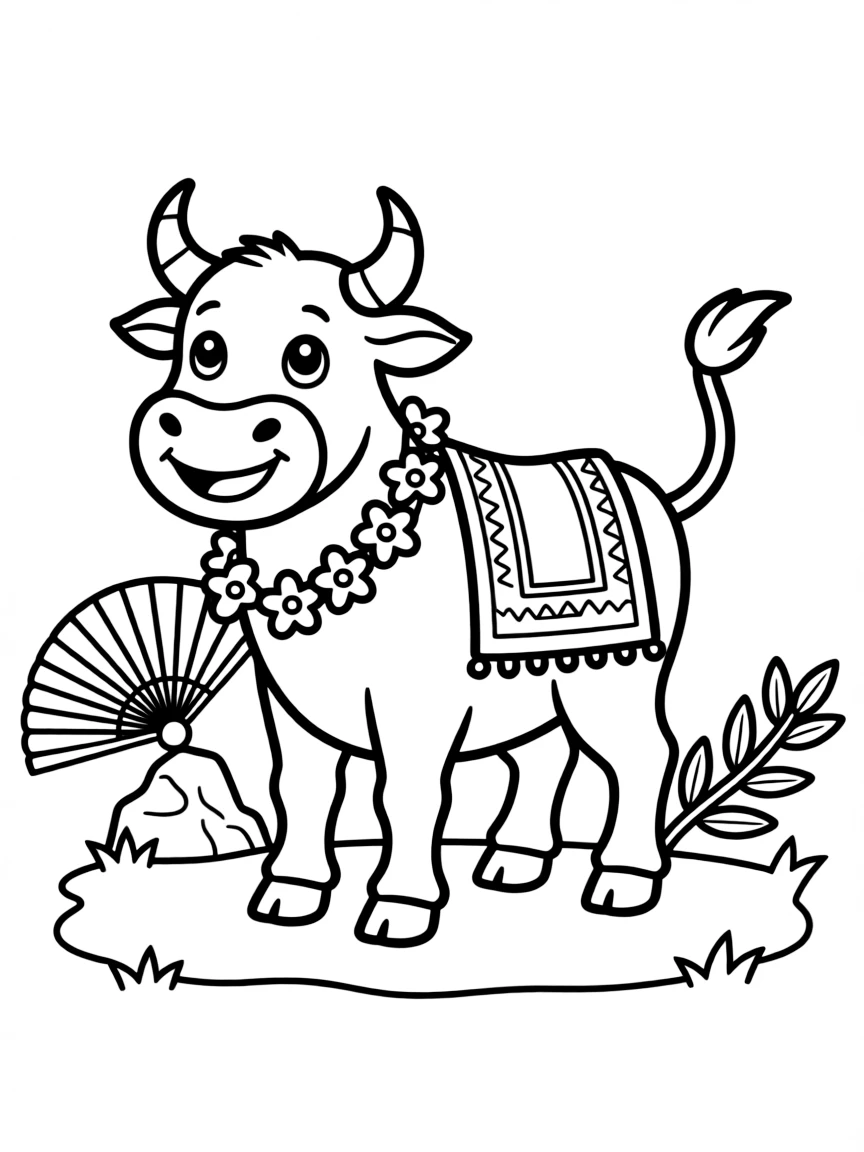 A cartoon-style drawing of a friendly bull in Spain for coloring.