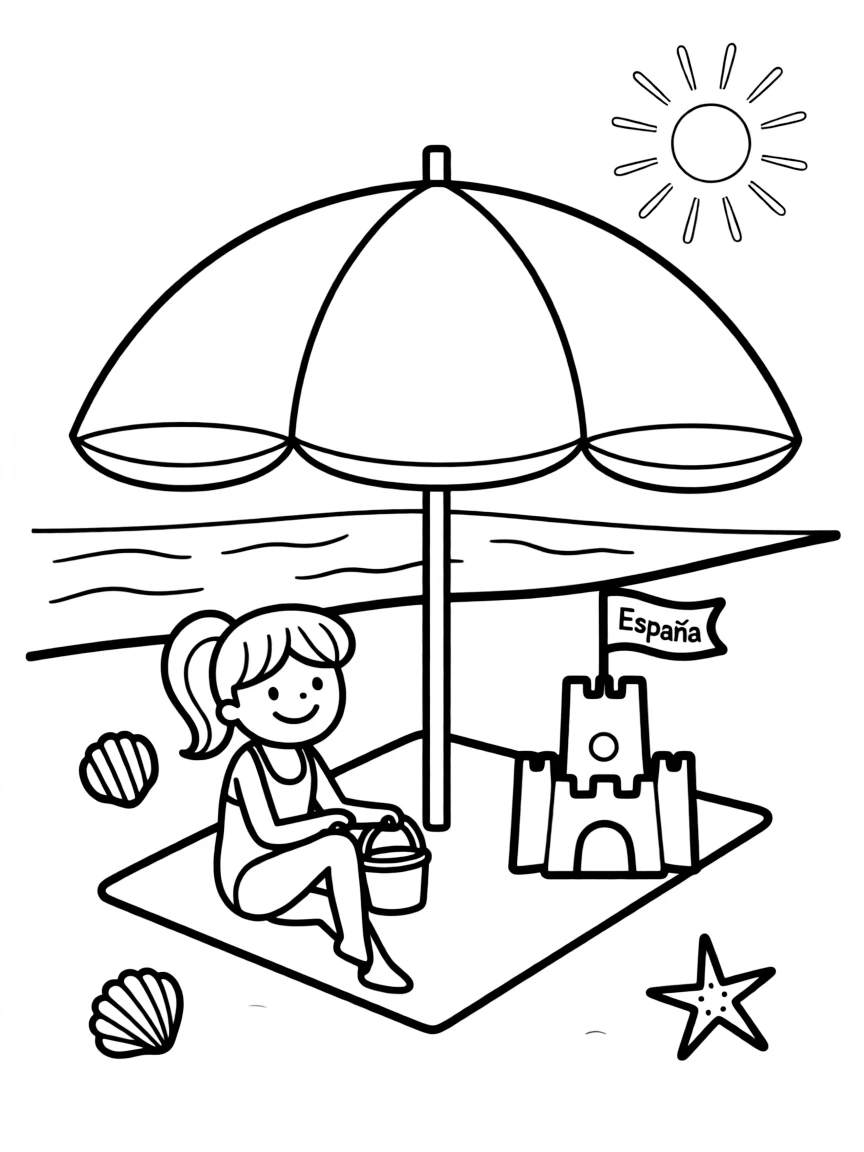 A cute drawing of a sunny beach with an umbrella in Spain for coloring.