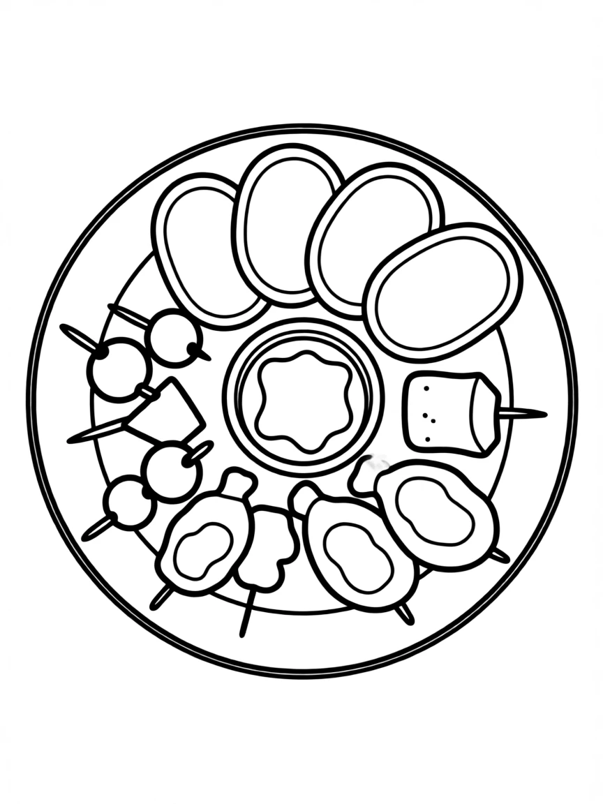 A drawing of a simplified tapas dish for coloring.