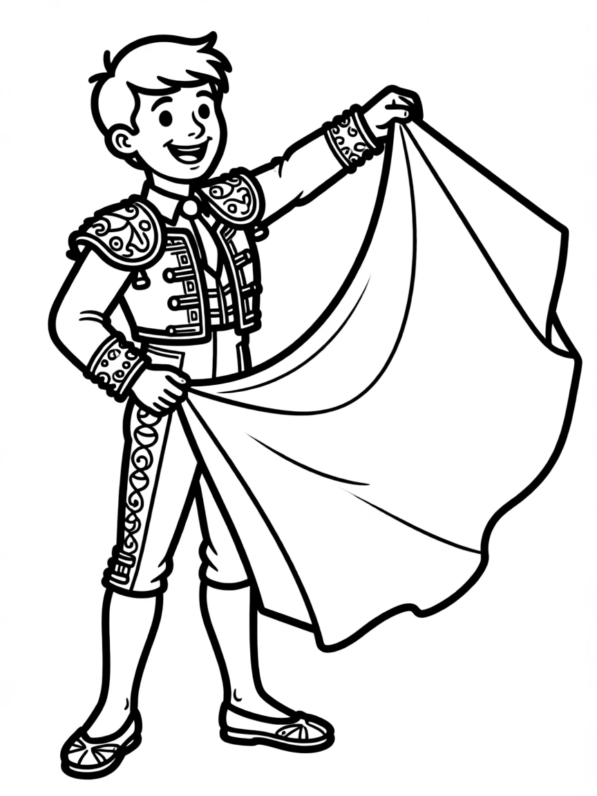 A cartoon-style drawing of a cheerful matador with a cape for coloring.