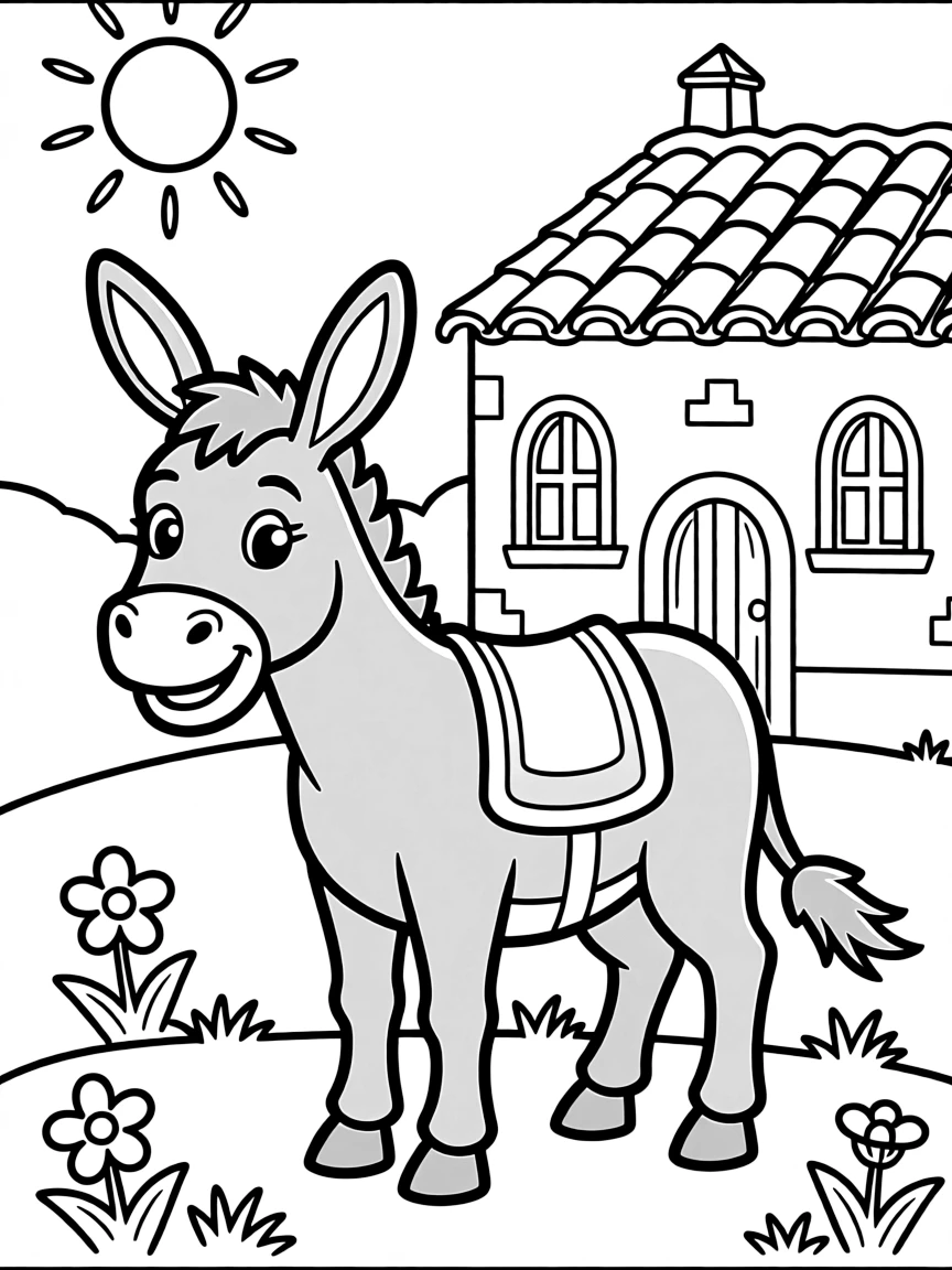 A cute drawing of a happy donkey in Spain for coloring.