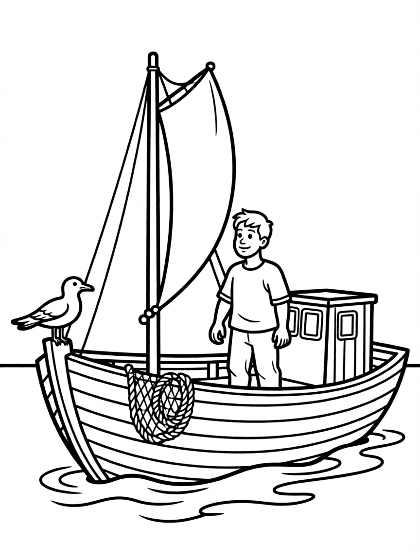 A cartoon-style drawing of a Greek fisherman's boat for coloring.