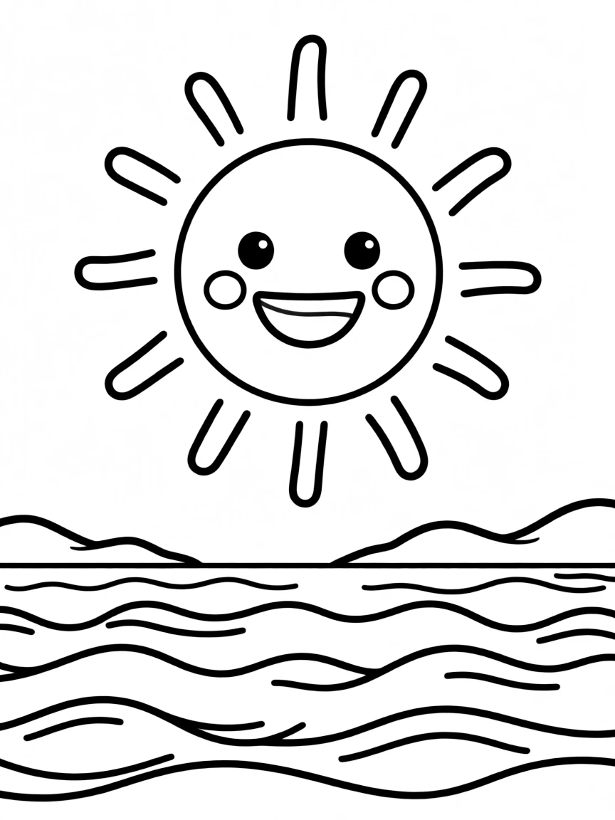 A cute drawing of a happy sun over the Aegean Sea for coloring.