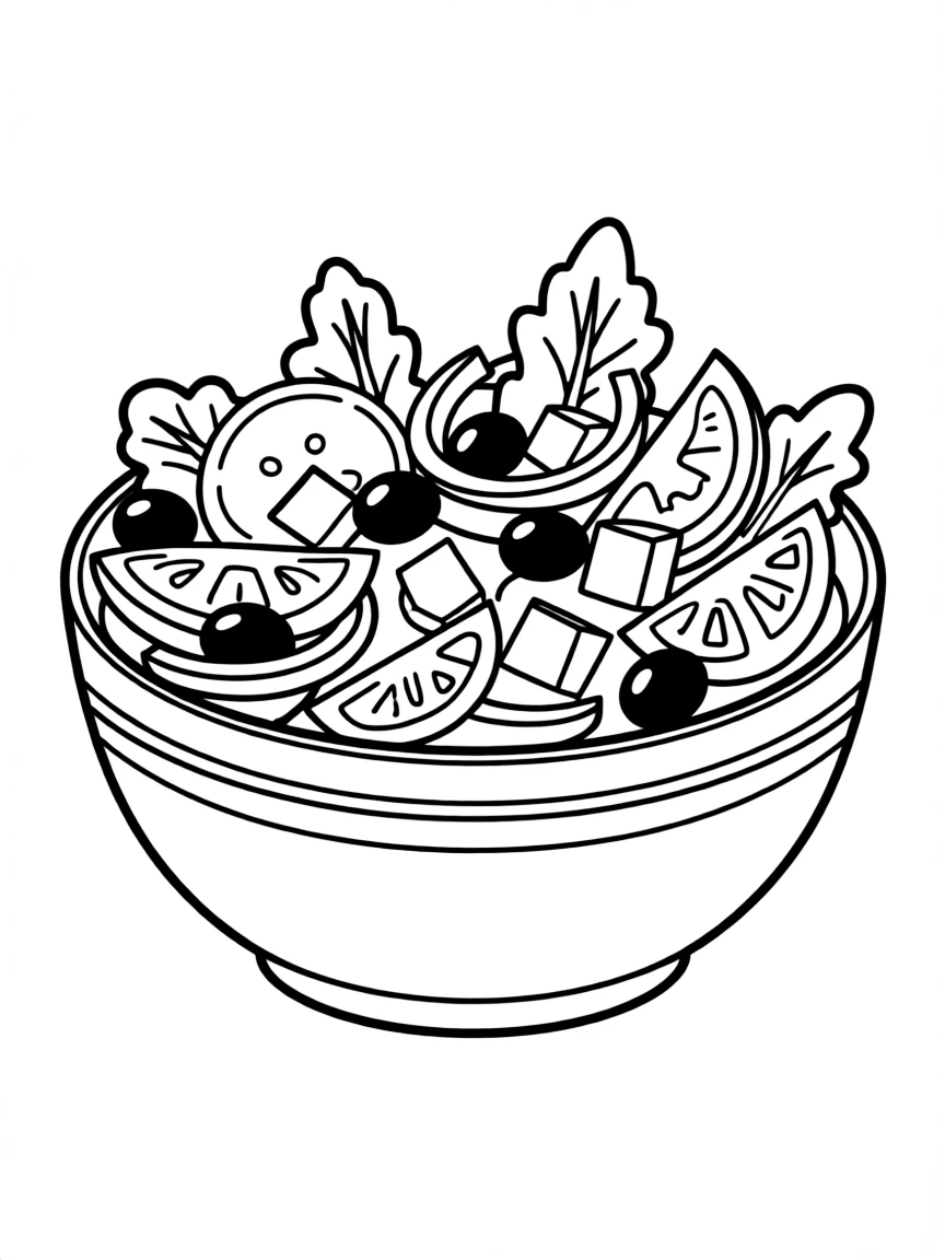A simple outline of a Greek salad for coloring.