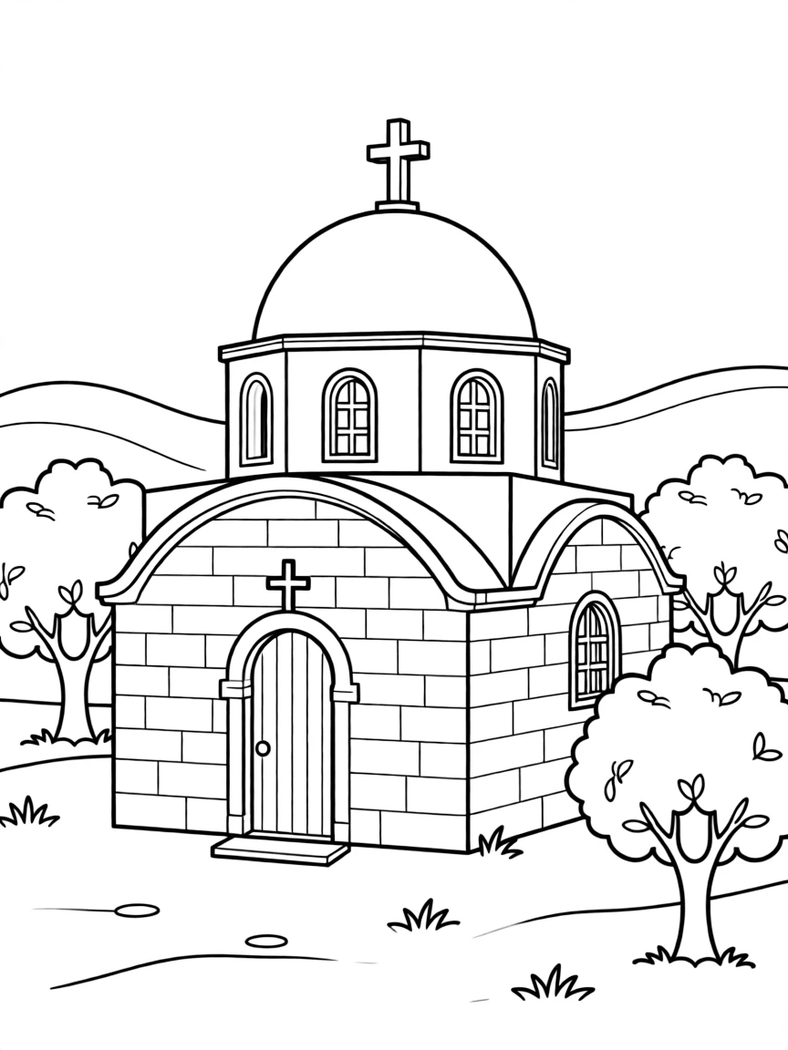 A cute drawing of a small Greek church with a blue dome for coloring.