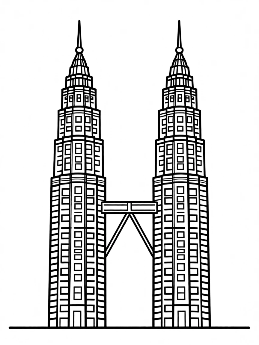 A simple outline of the Petronas Towers in Kuala Lumpur, Malaysia.