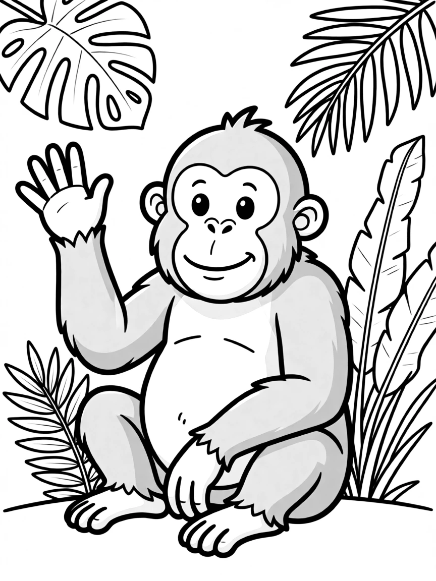 A cartoon-style drawing of a friendly orangutan in Malaysia for coloring.