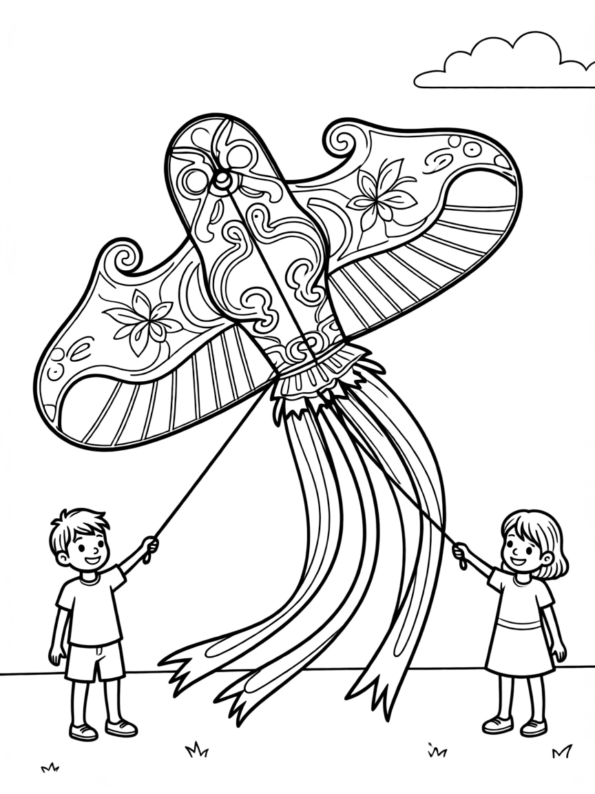 A simplified drawing of a traditional Malaysian kite (wau) for coloring.