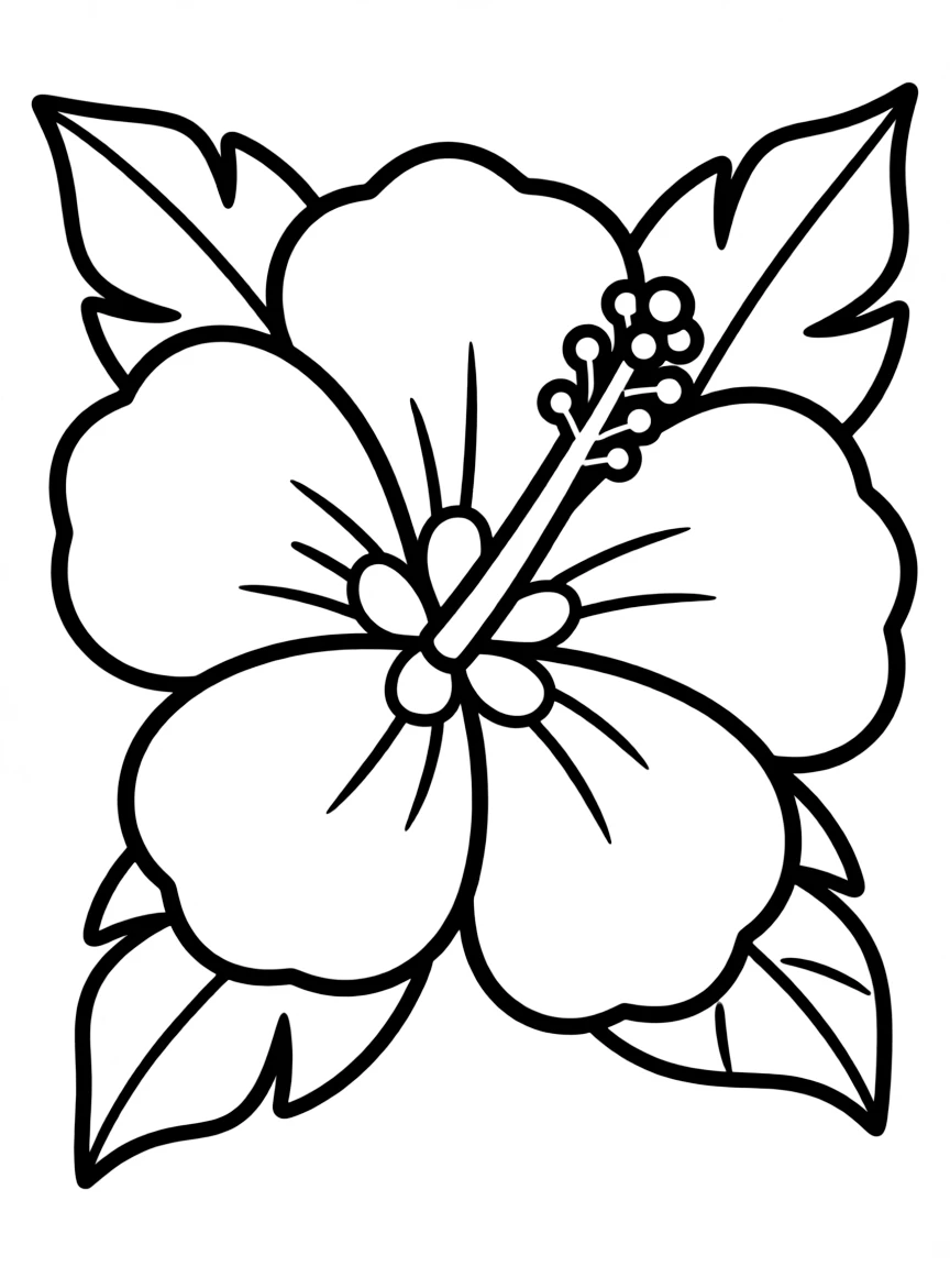 A cute drawing of a tropical flower (hibiscus) for coloring.