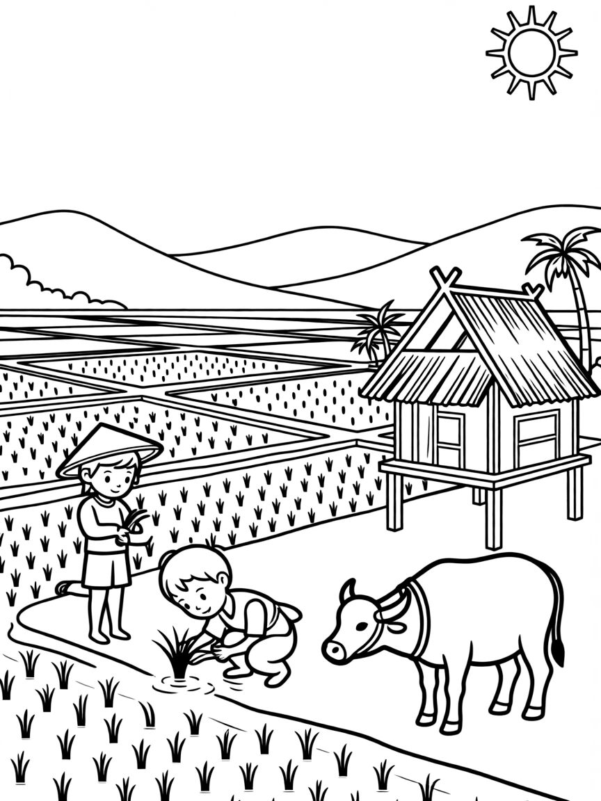 A simple outline of a rice paddy field in Malaysia for coloring.