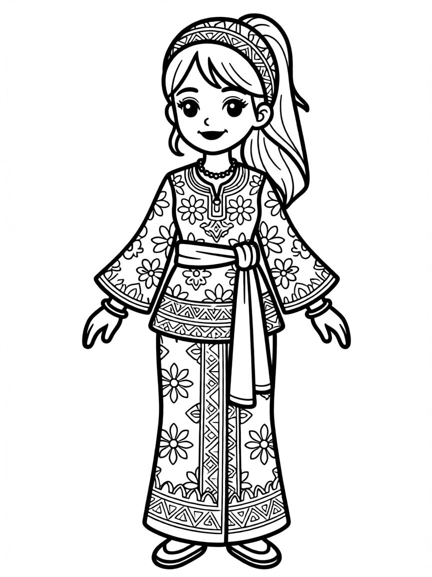 A cartoon-style drawing of a colorful traditional Malaysian costume for coloring.