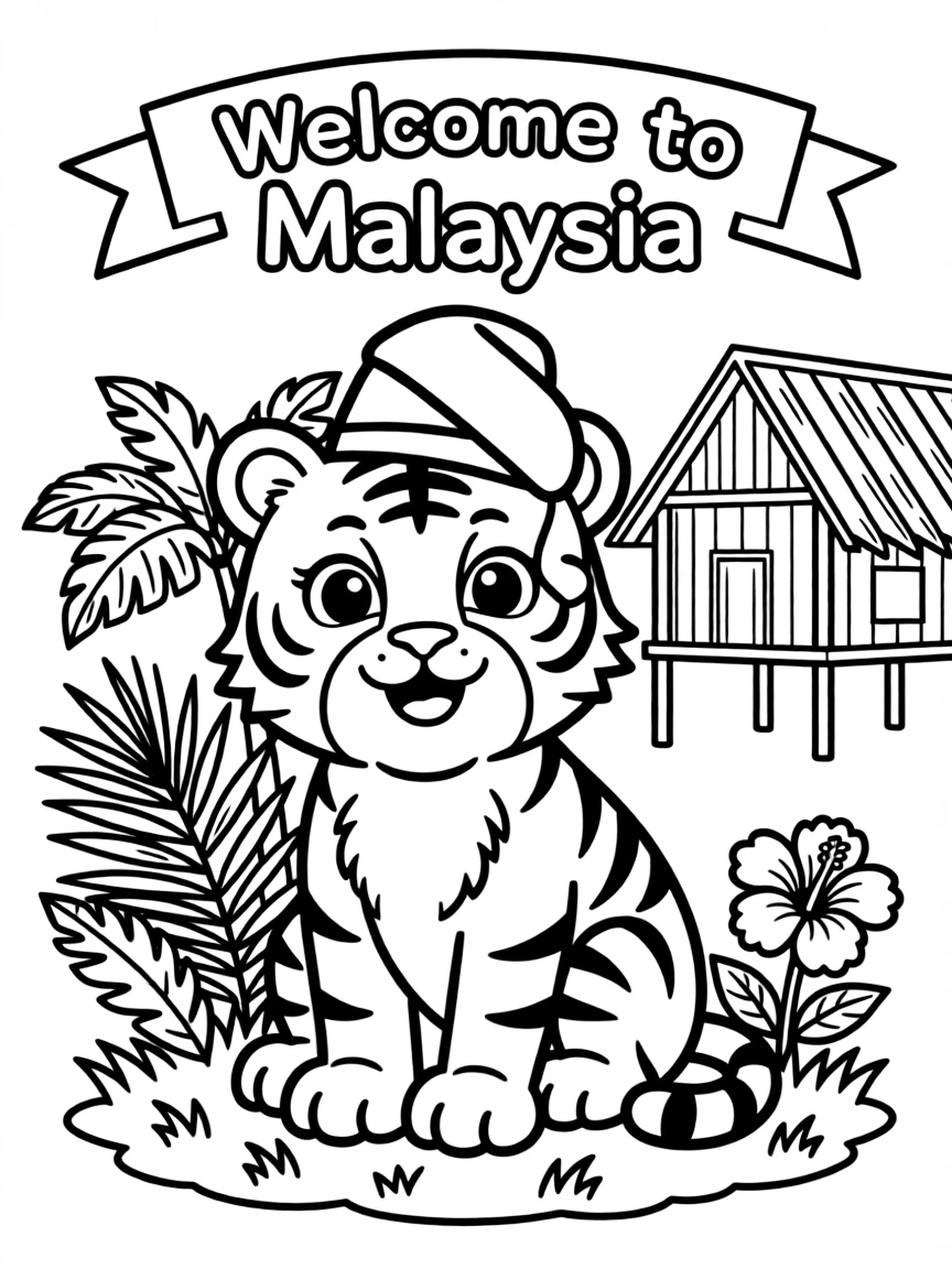A cute drawing of a friendly tiger in Malaysia for coloring.