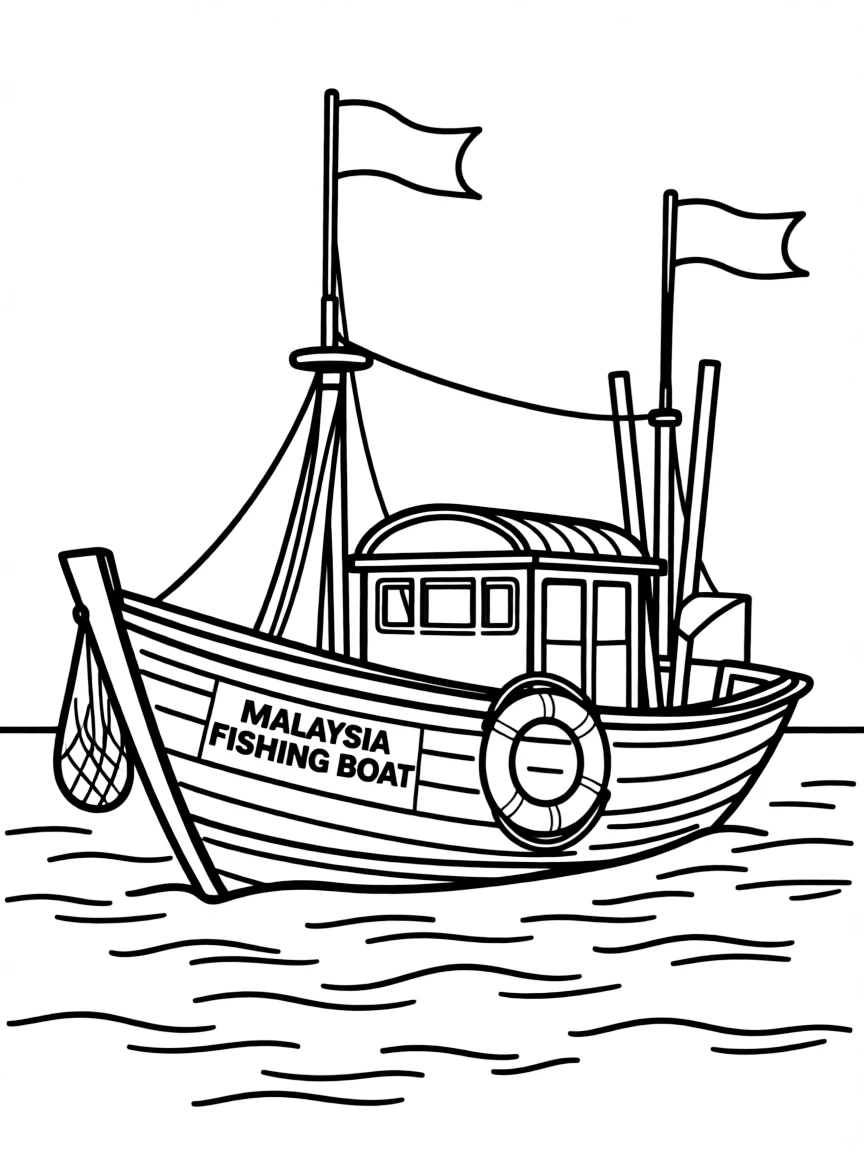A simple outline of a Malaysian fishing boat for coloring.