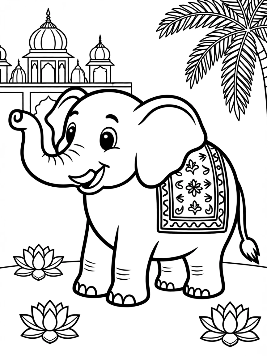 A cartoon-style drawing of a friendly elephant in India for coloring.