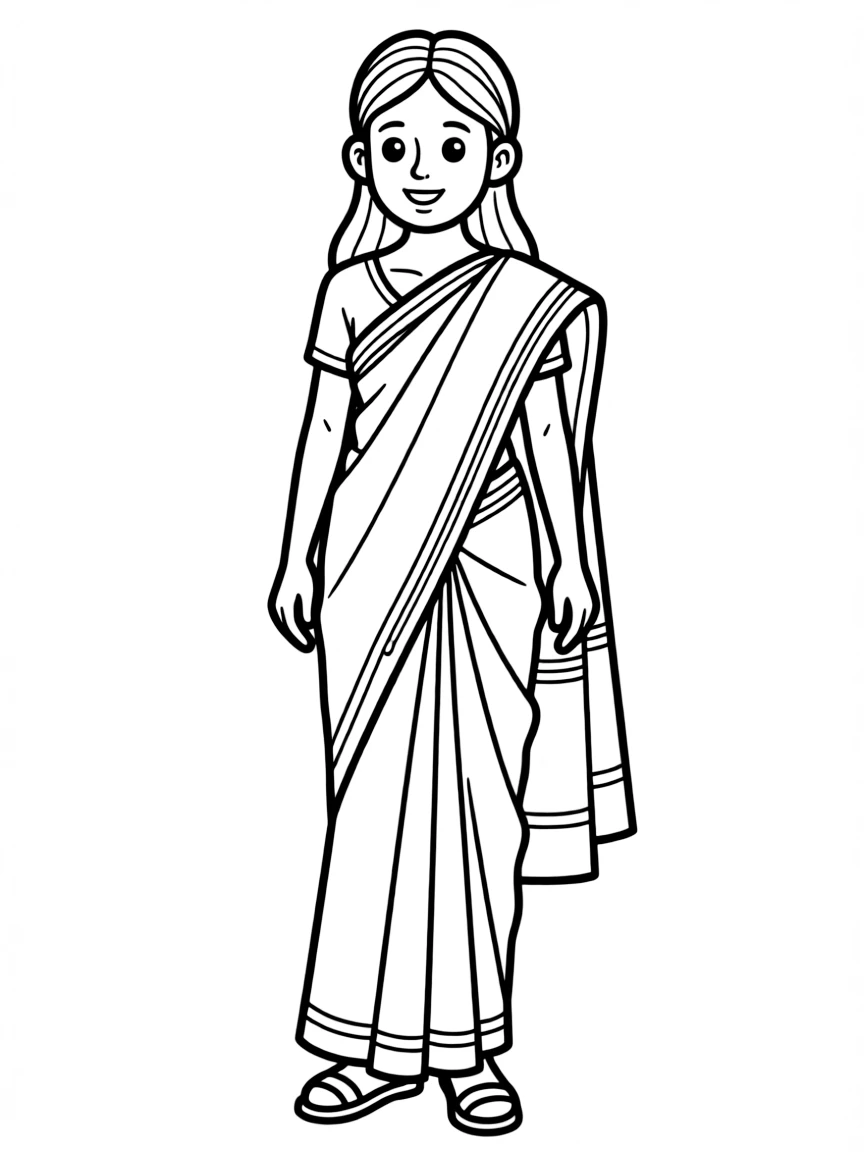 A simplified drawing of a traditional Indian sari for coloring.