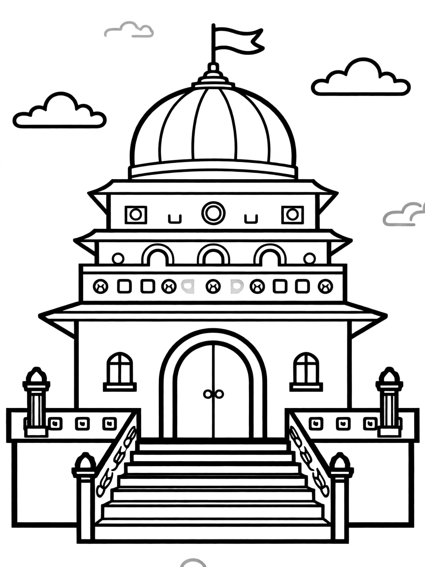 A drawing of a simplified Indian temple for coloring.