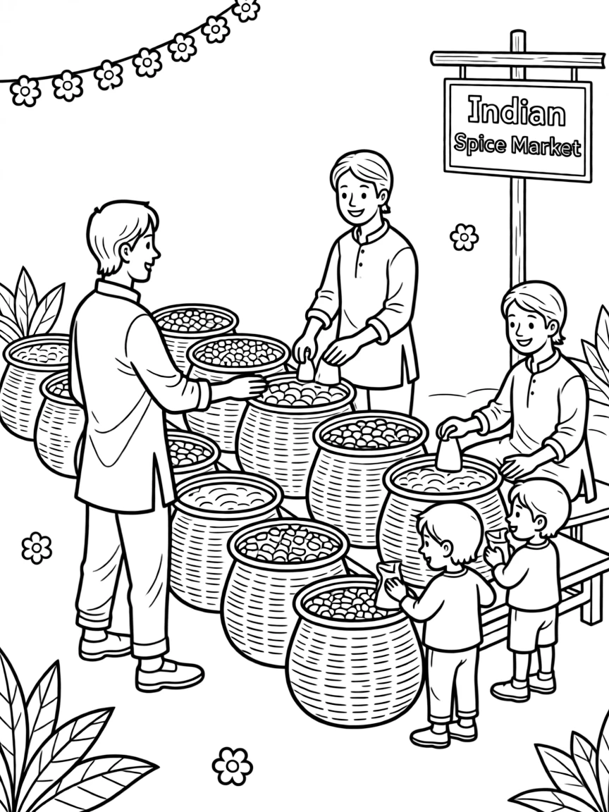 A simplified drawing of an Indian spice market with baskets for coloring.