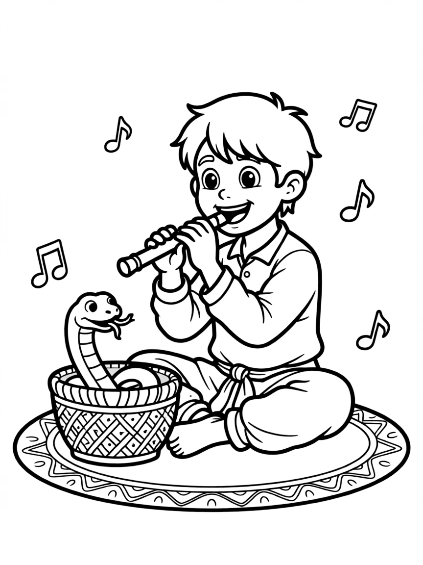 A cute drawing of a happy snake charmer for coloring.