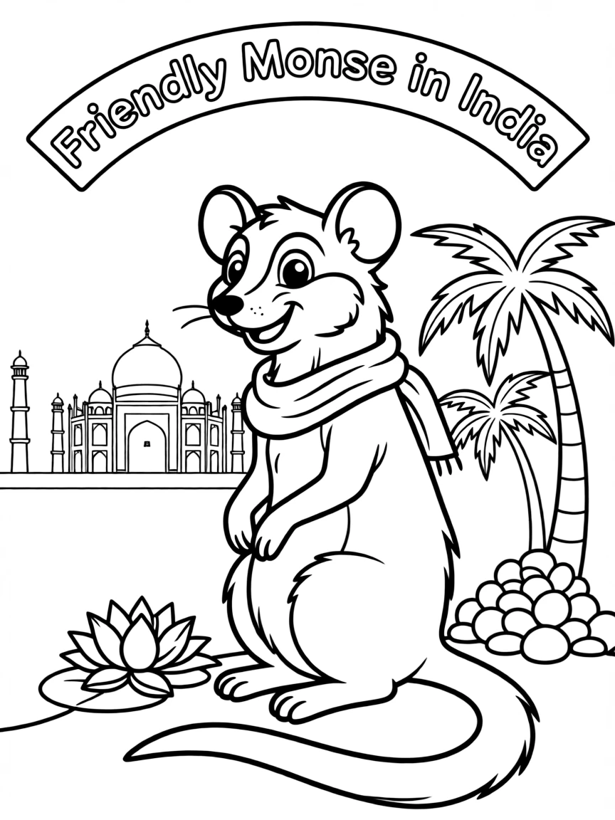 A cartoon-style drawing of a friendly mongoose in India for coloring.