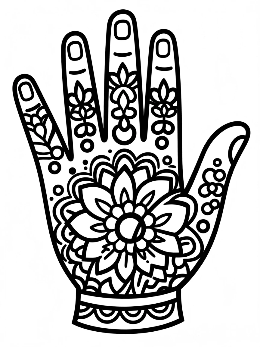 A simple outline of a henna hand design for coloring.