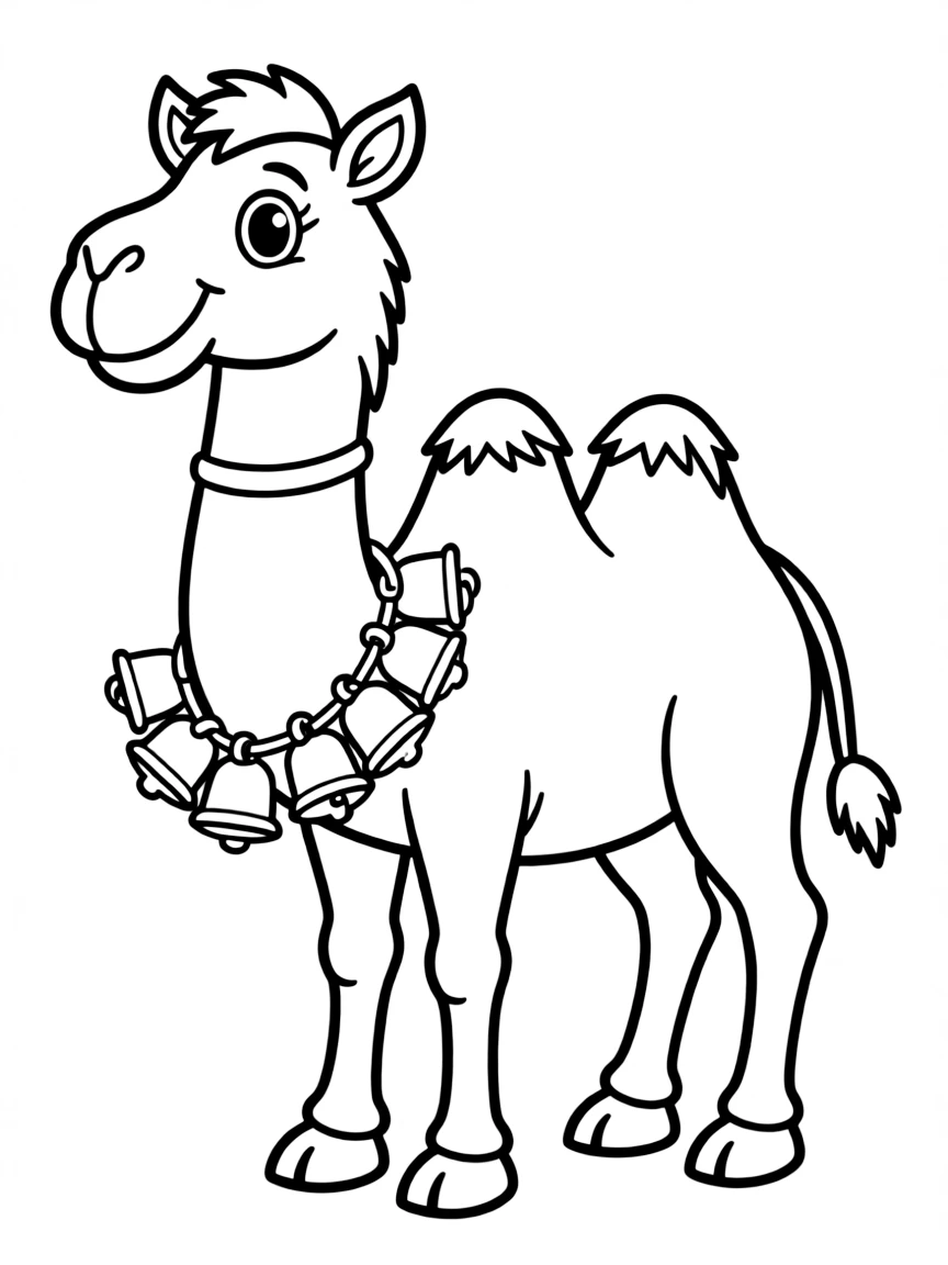 A cartoon-style drawing of a friendly camel wearing bells for coloring.