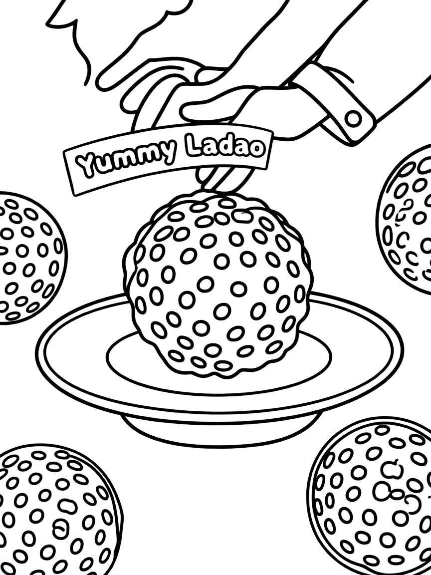 A cute drawing of a tasty Indian sweet (ladoo) for coloring.