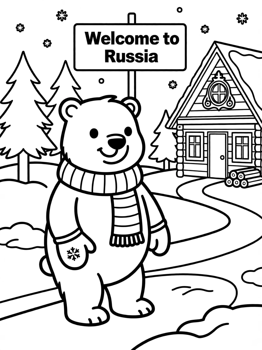 A cartoon-style drawing of a friendly polar bear in Russia for coloring.