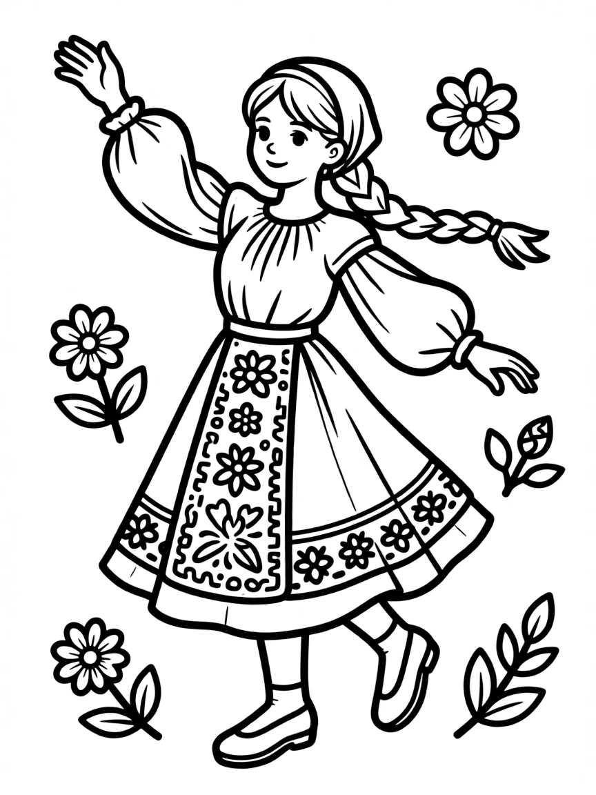 A simple outline of a Russian folk dancer for coloring.