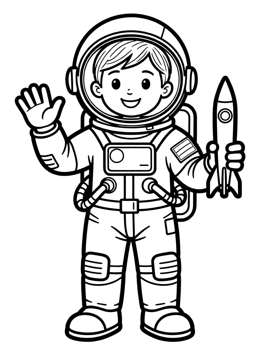 A cartoon-style drawing of a friendly Russian astronaut for coloring.