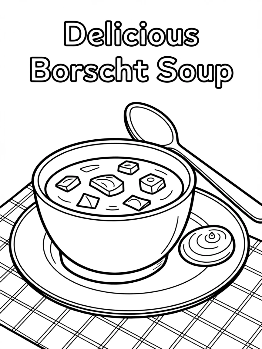 A cute drawing of a delicious borscht soup for coloring.