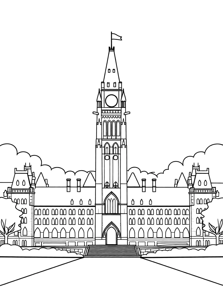 A simple outline of the Parliament Building in Ottawa, Canada.