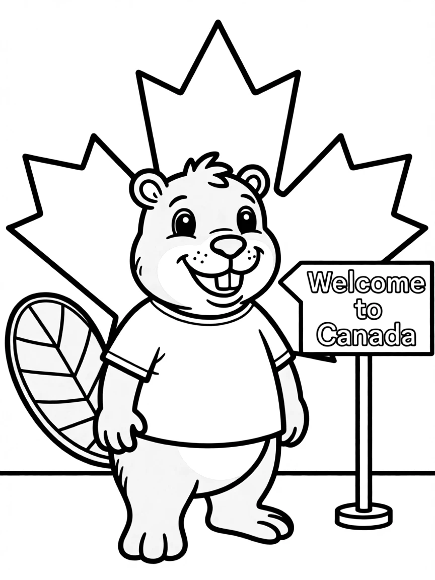 A cartoon-style drawing of a friendly beaver in Canada for coloring.