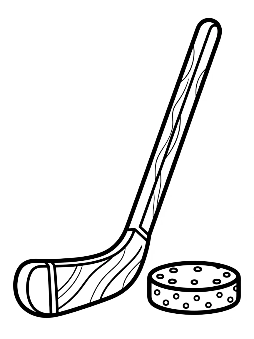 A cute drawing of a hockey stick and puck for coloring.