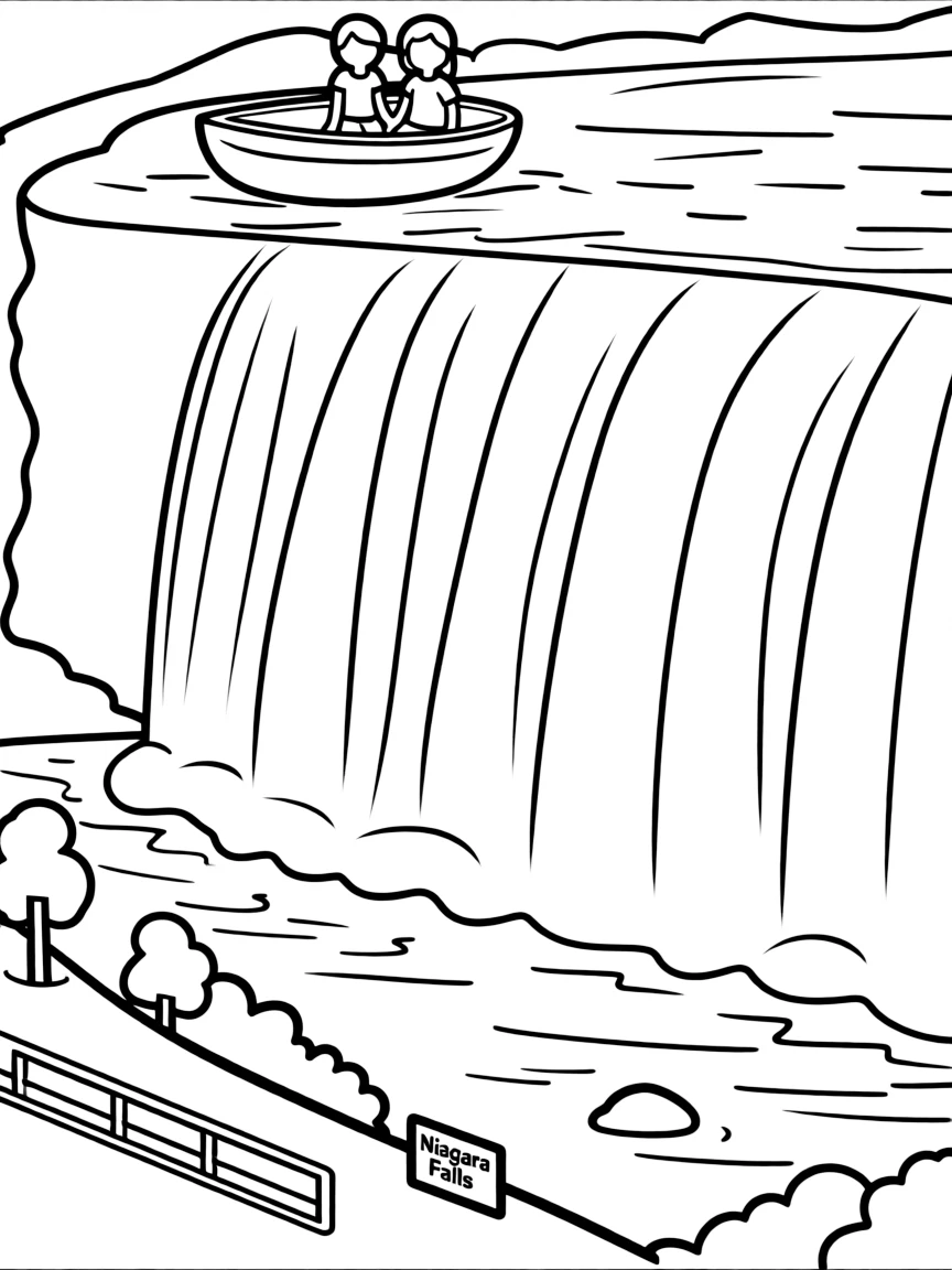 A drawing of a simplified Niagara Falls for coloring.