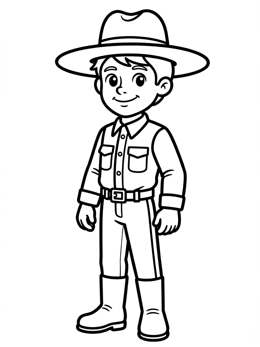 A cartoon-style drawing of a friendly mountie for coloring.