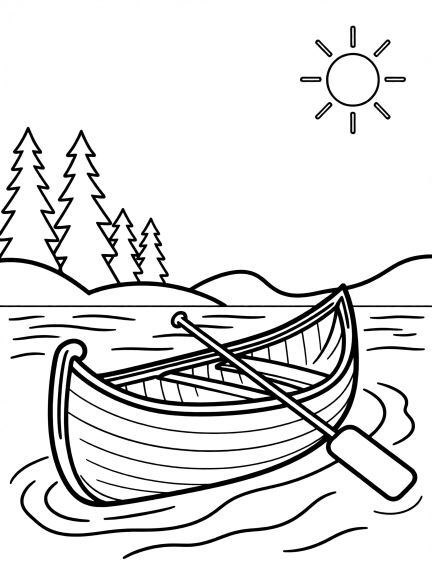 A simplified drawing of a canoe on a lake in Canada for coloring.