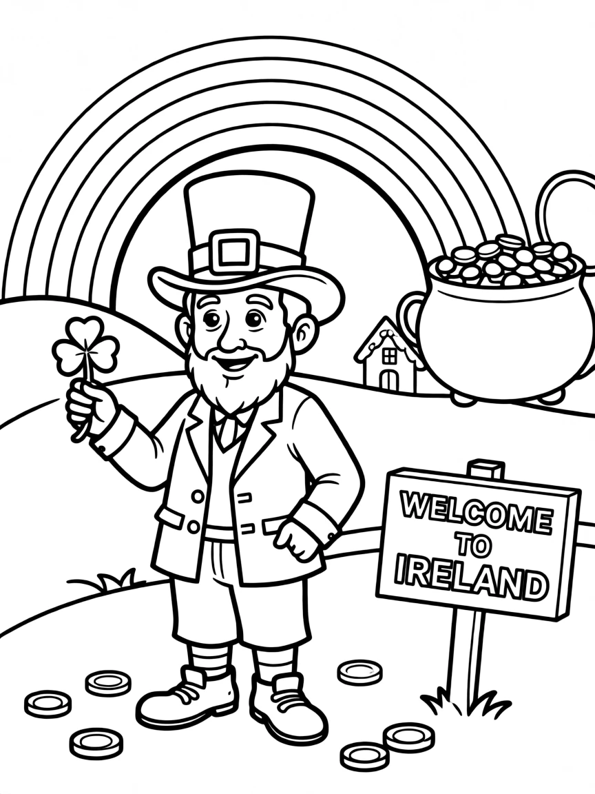 A cartoon-style drawing of a friendly leprechaun in Ireland for coloring.