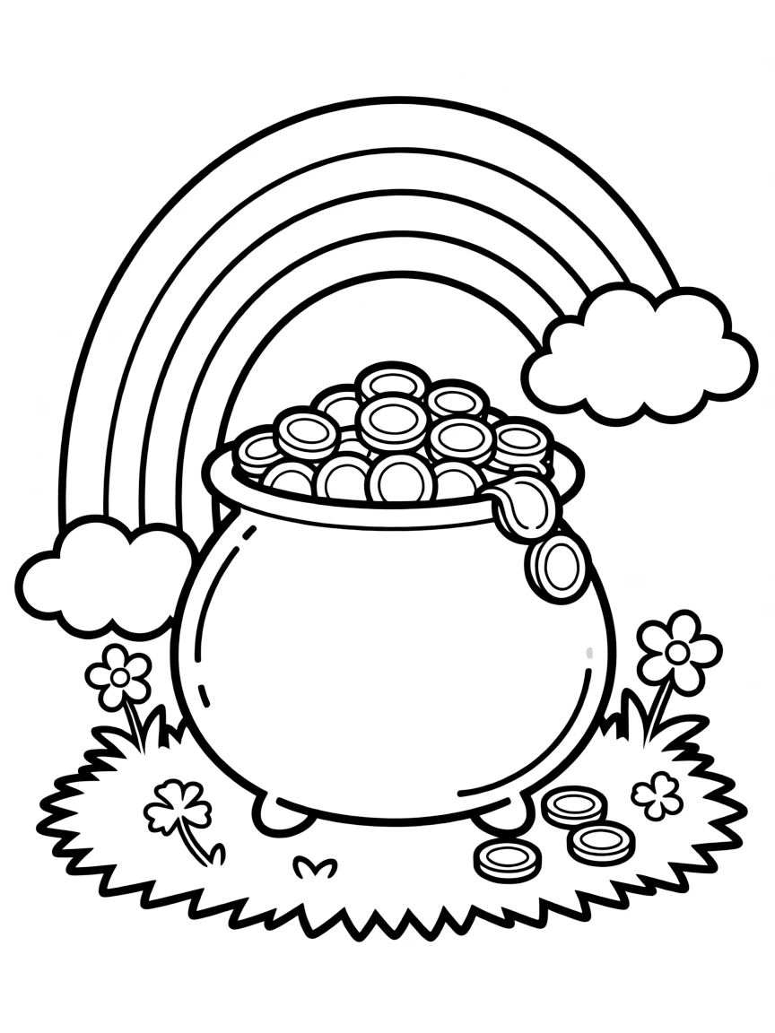 A cute drawing of a pot of gold at the end of a rainbow for coloring.