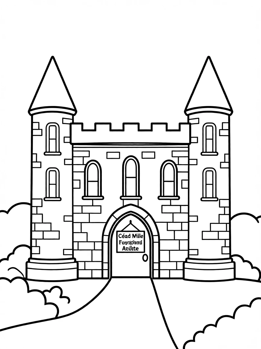 A drawing of a simplified Irish castle for coloring.