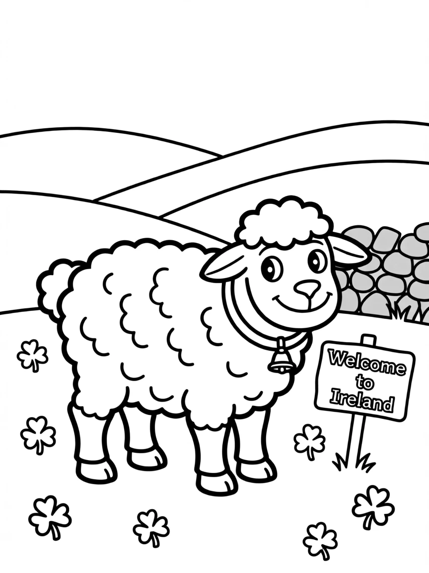 A cartoon-style drawing of a cheerful sheep in Ireland for coloring.