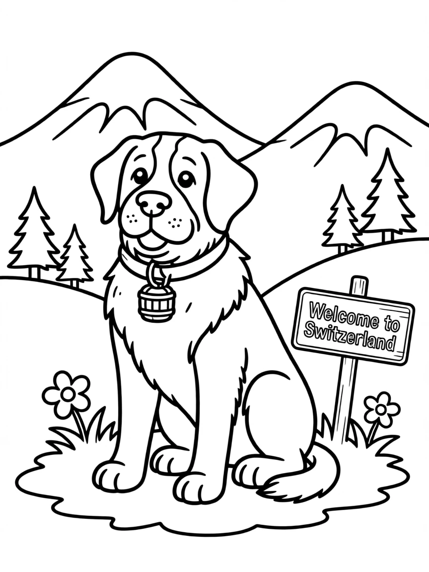 A cartoon-style drawing of a friendly St. Bernard dog in Switzerland for coloring.