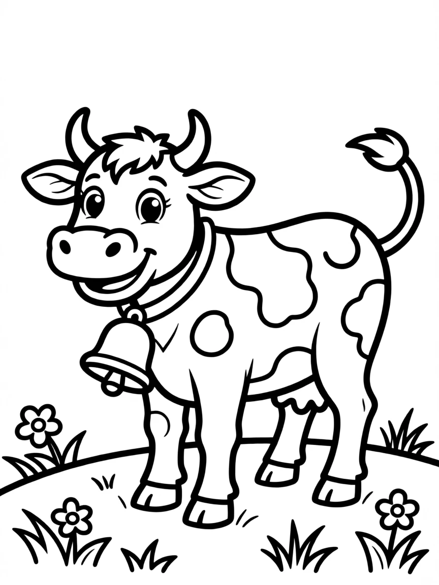 A cute drawing of a Swiss cow with a bell for coloring.