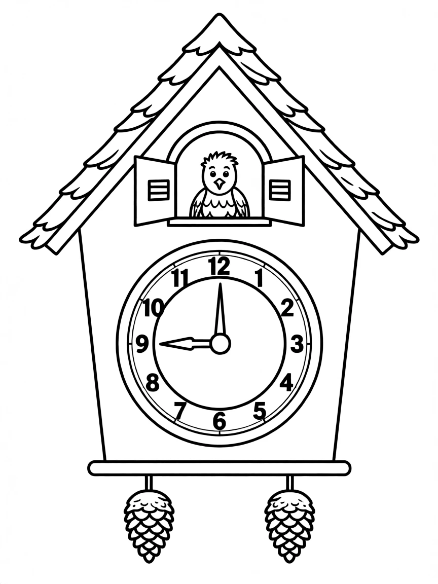 A simple outline of a cuckoo clock for coloring.