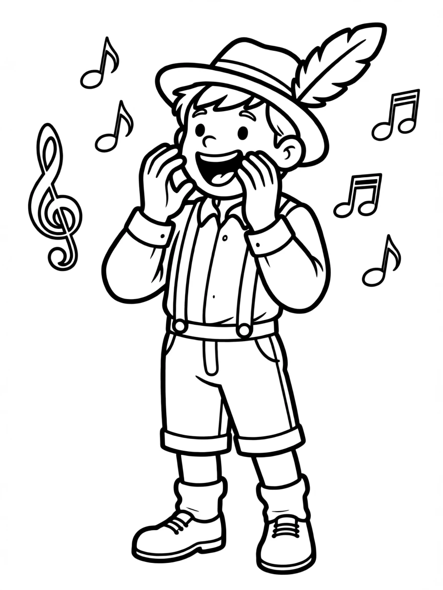 A cartoon-style drawing of a cheerful yodeler for coloring.