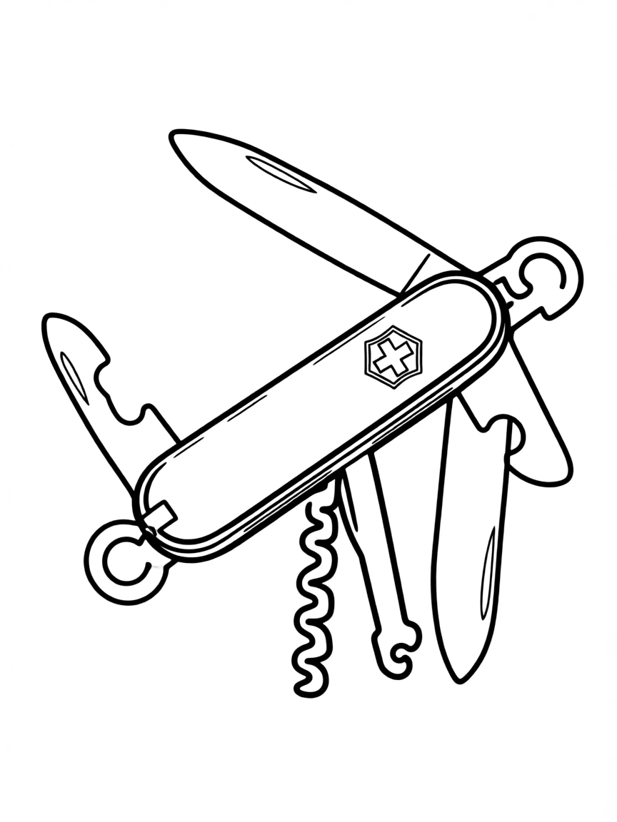 A simplified drawing of a Swiss army knife for coloring.