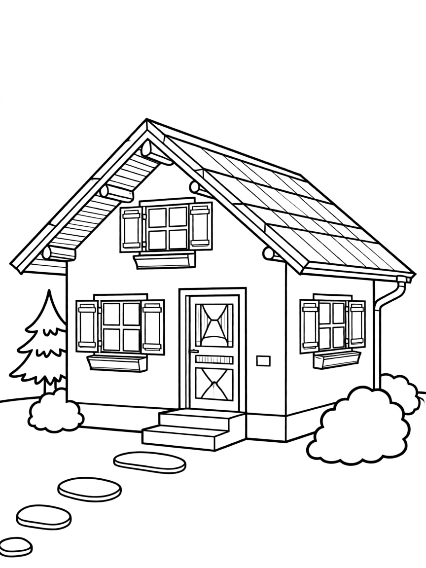 A cute drawing of a small Swiss chalet for coloring.
