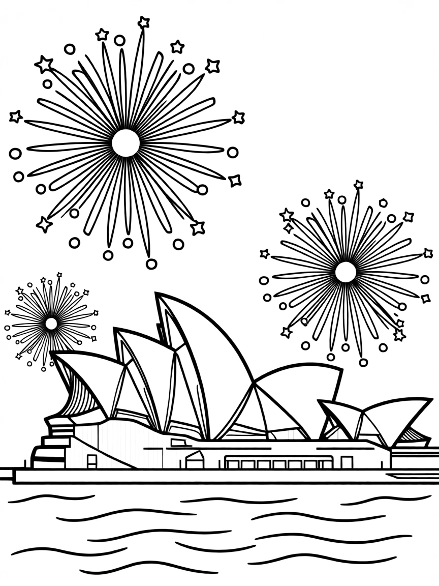 A simple outline of the Sydney Opera House for coloring, with added fireworks.